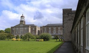 View along granite colonnade to the Trafalgar block, of the former Royal Naval Hospital, Plymouth